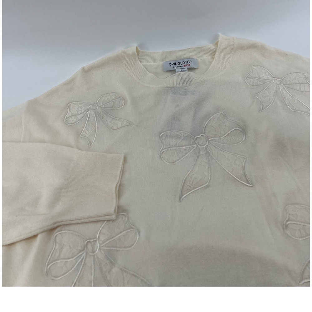 Coquette Glam Bridgerton Netflix Lace Bow Applique Knit Sweater Cream Womens Lg
